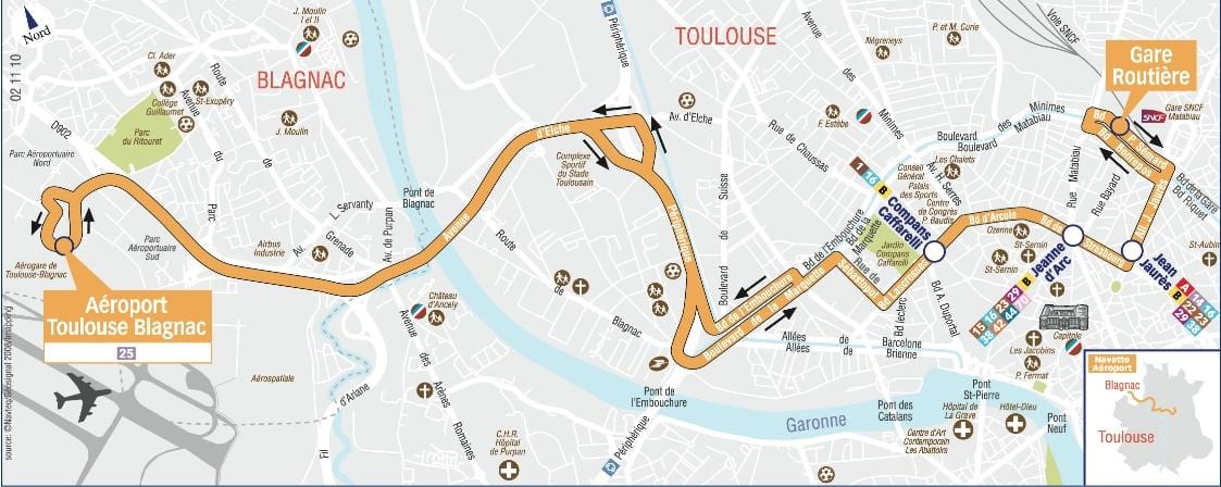 kort af Toulouse flugvelli leiðina 